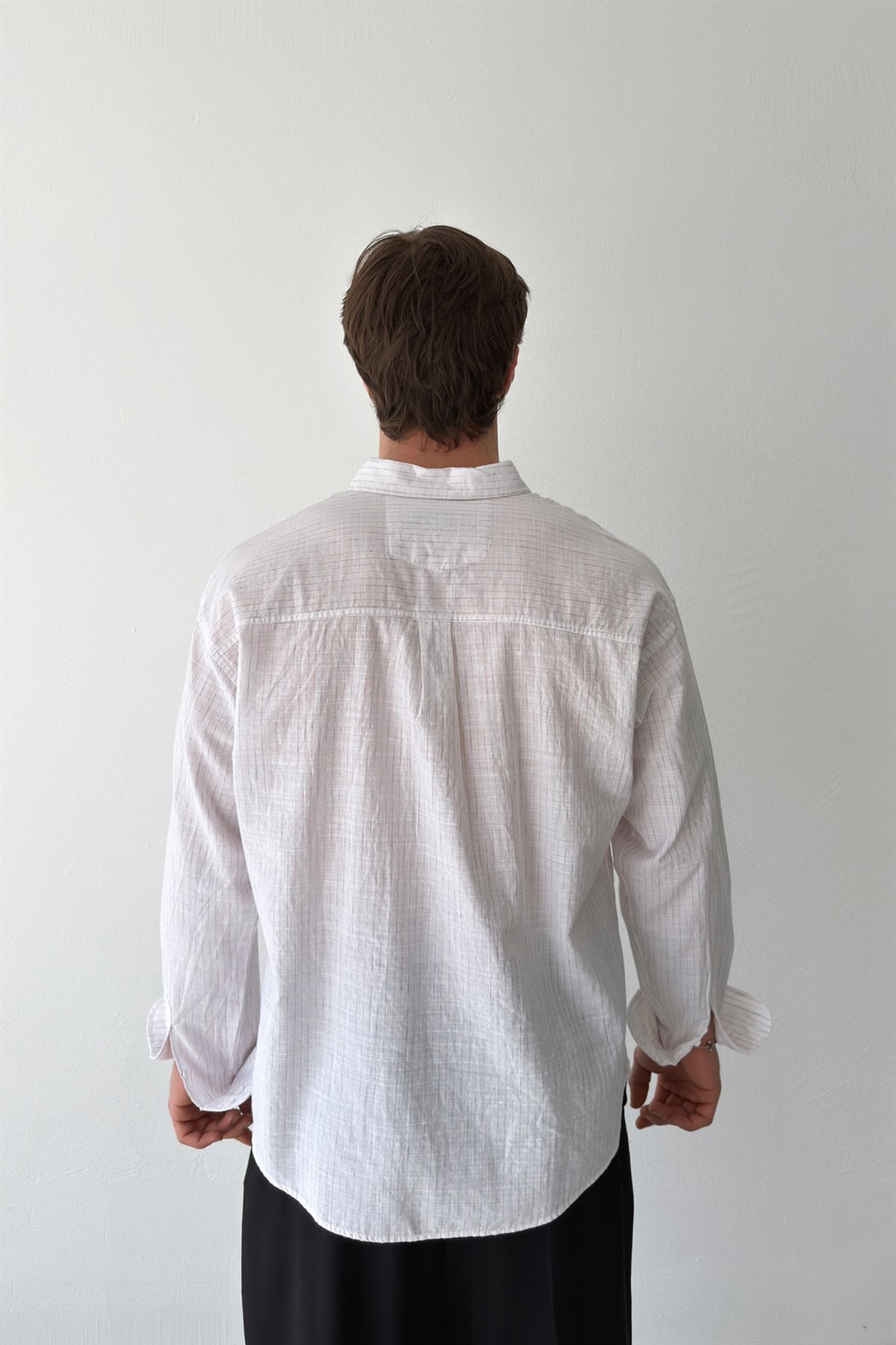 Silik Çizgili Oversize Keten Gömlek