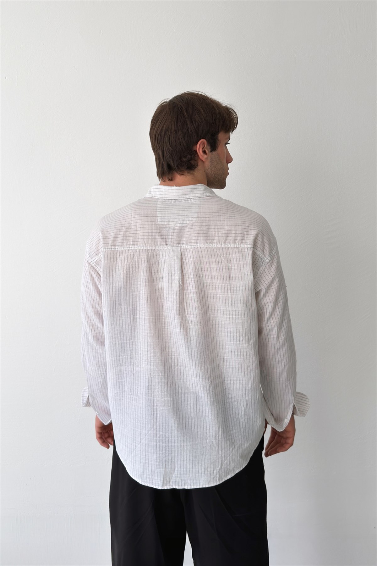 Silik Çizgili Oversize Keten Gömlek