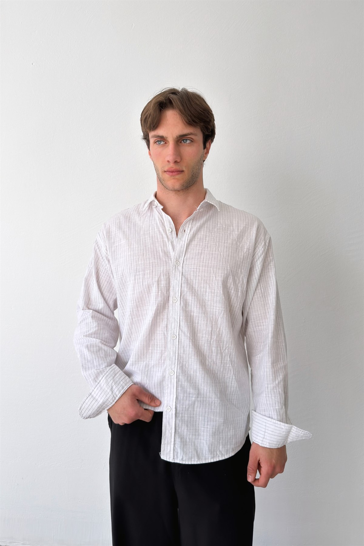 Silik Çizgili Oversize Keten Gömlek