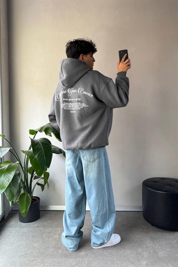 Sırt Baskılı Oversize Füme Hoodie