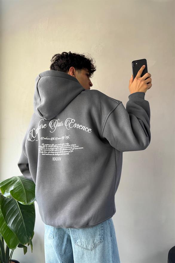 Sırt Baskılı Oversize Füme Hoodie