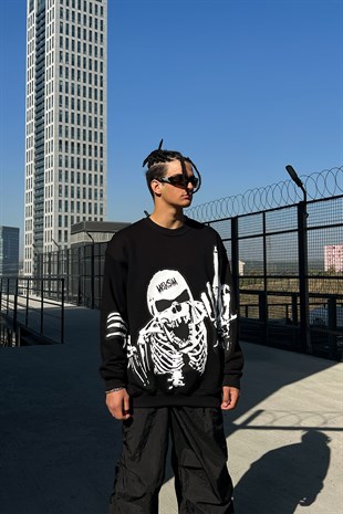 Skeletton Baskılı Siyah Oversize Sweatshirt