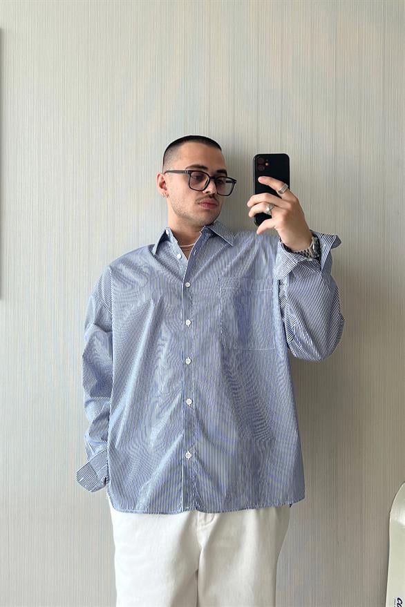 Slim Strip Uzun Kol Lacivert Oversize Gömlek