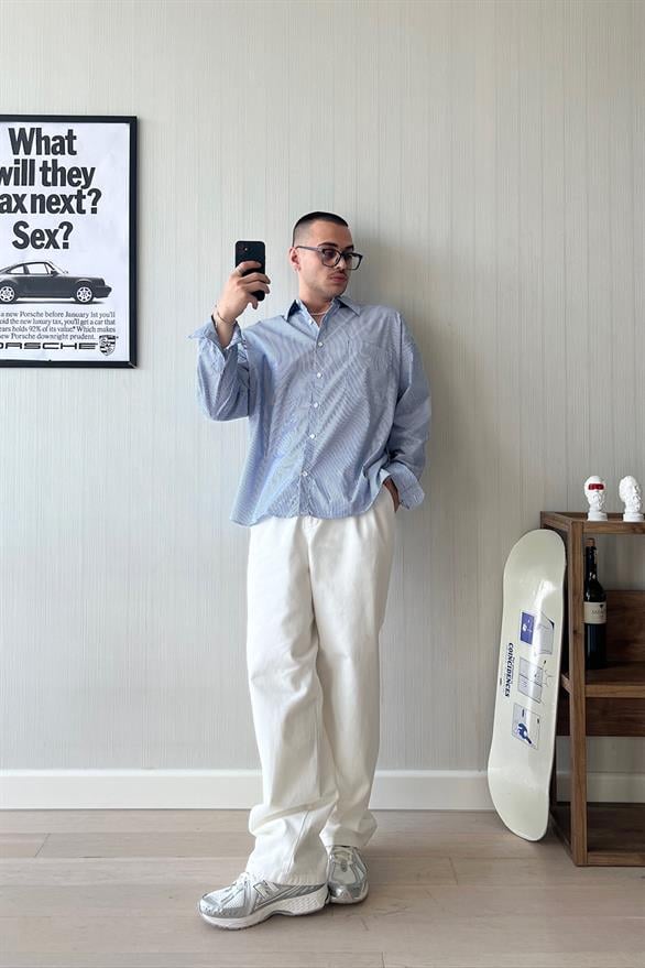 Slim Strip Uzun Kol Lacivert Oversize Gömlek