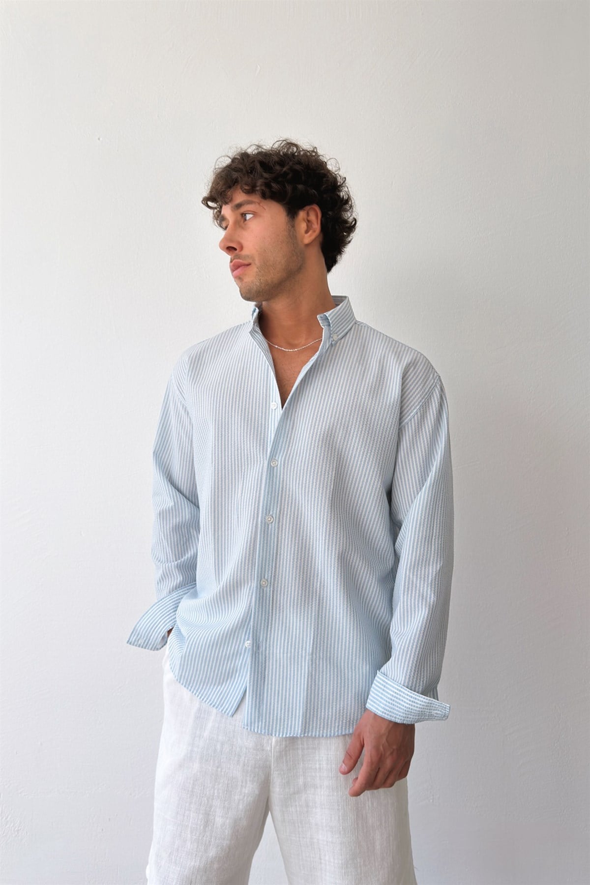 Solar Stripes Mavi Gofre Çizgili Gömlek