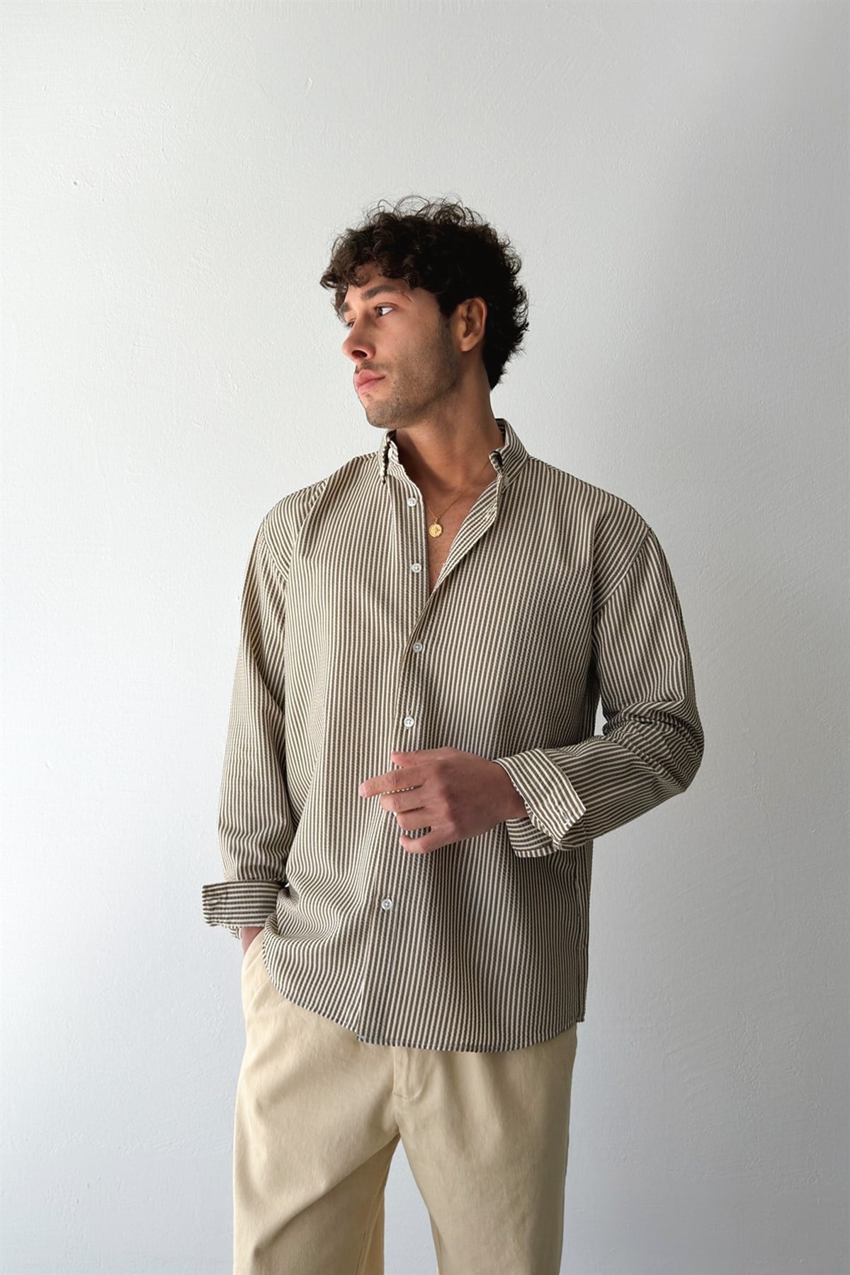 Solar Stripes Kahverengi Gofre Çizgili Gömlek