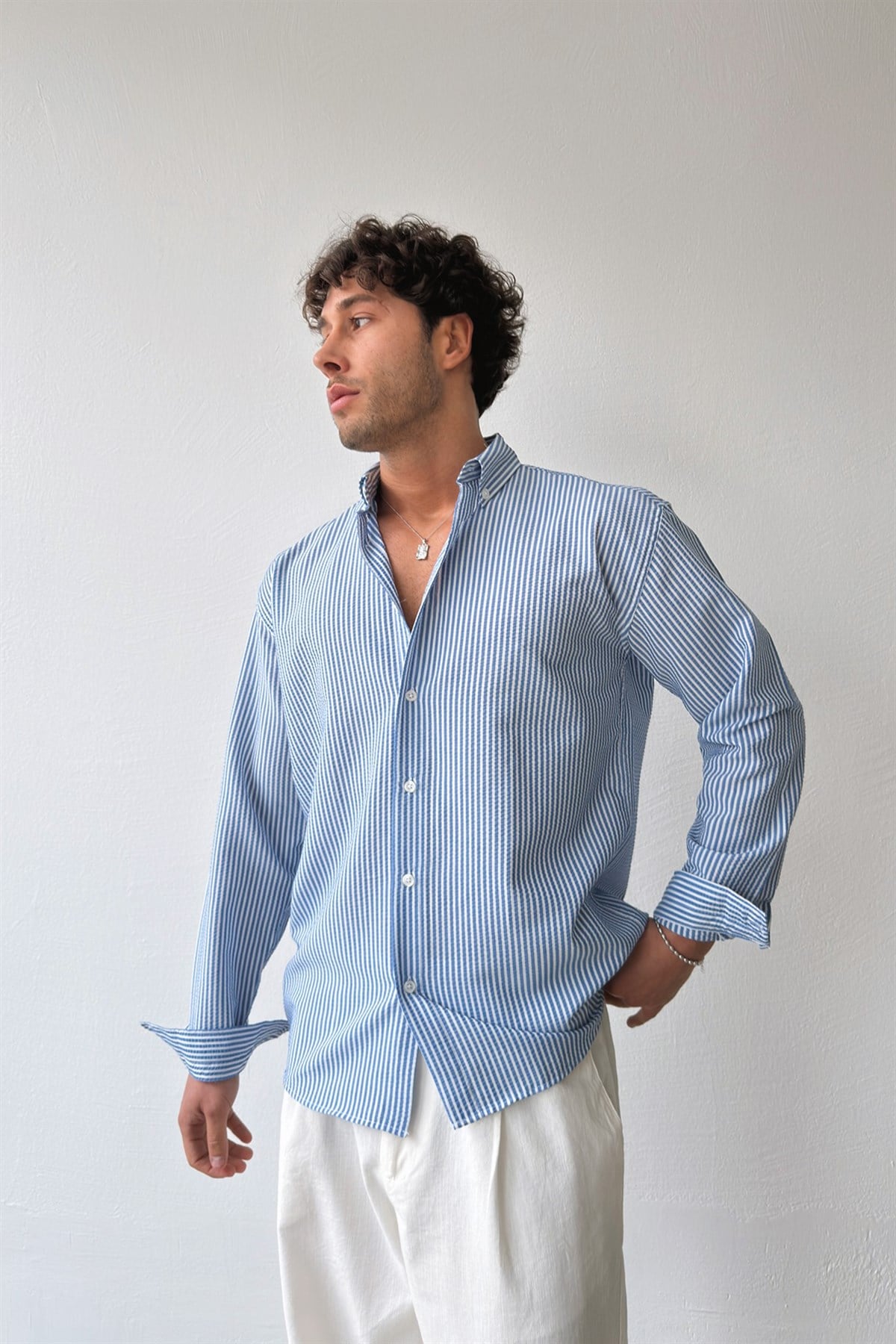 Solar Stripes Lacivert Gofre Çizgili Gömlek