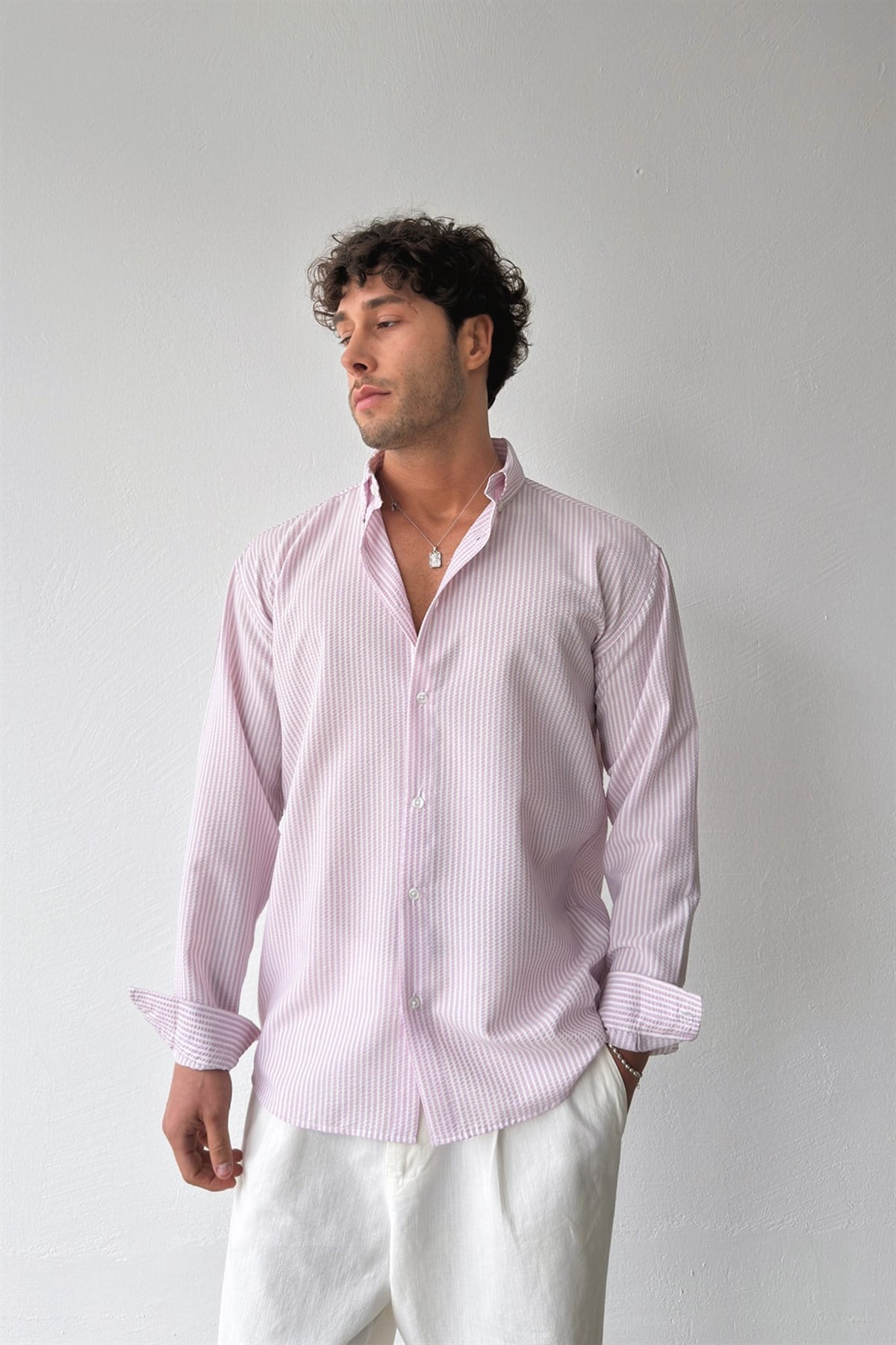 Solar Stripes Pembe Gofre Çizgili Gömlek