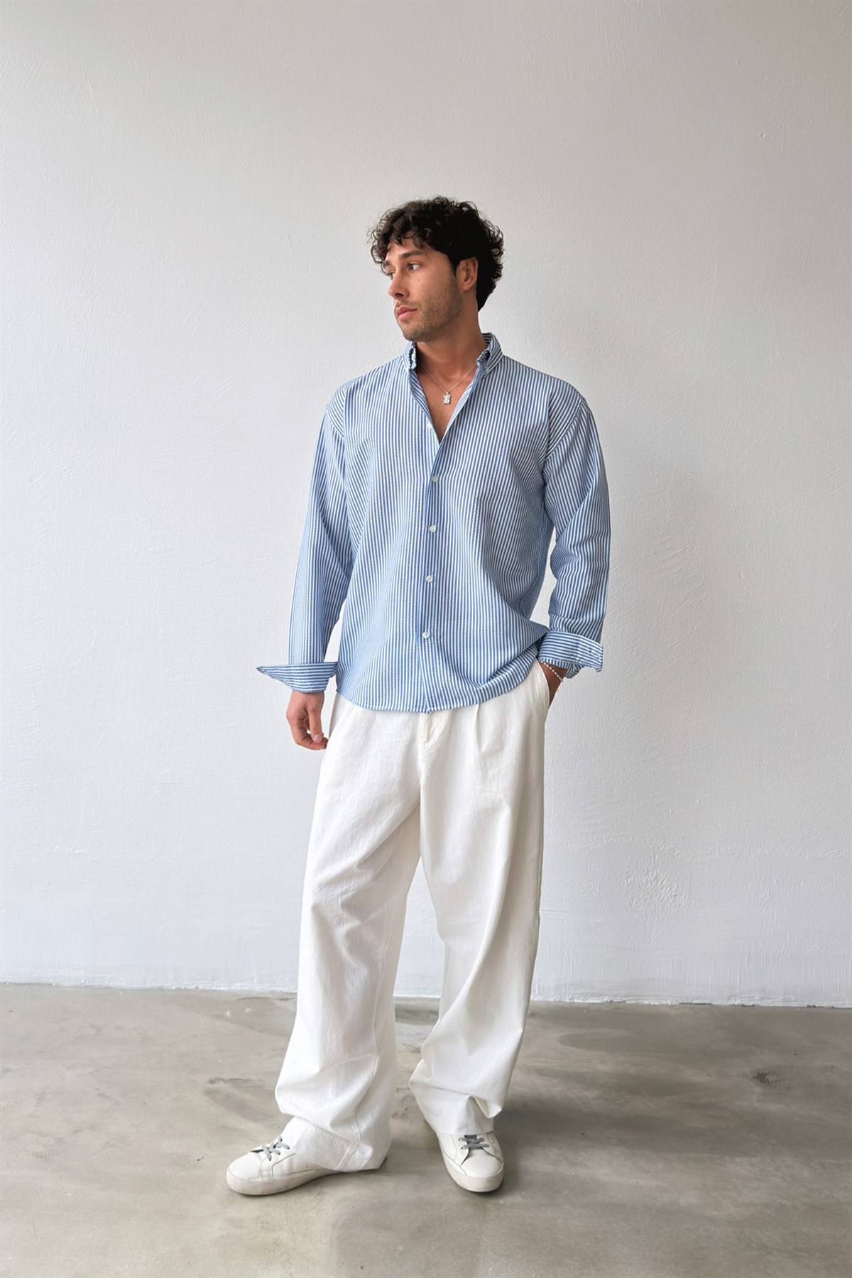 Solar Stripes Lacivert Gofre Çizgili Gömlek