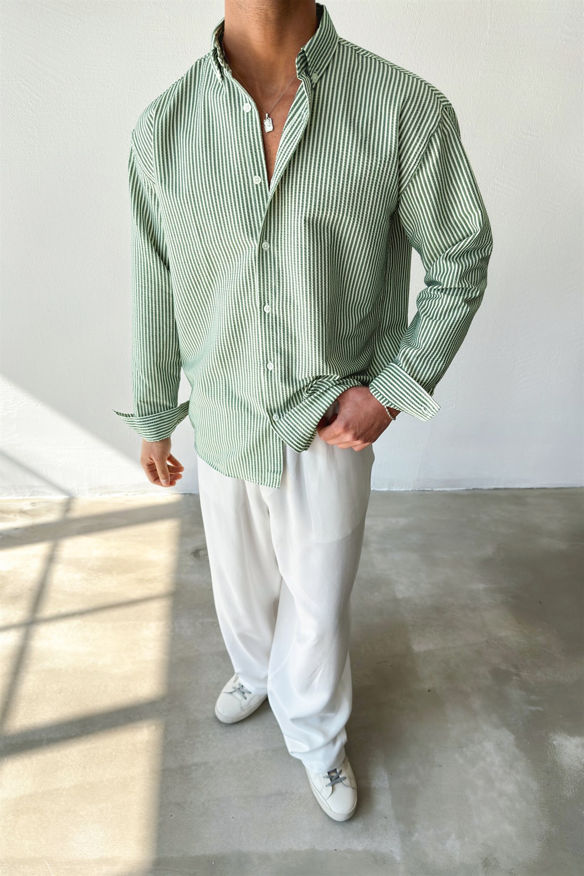 Solar Stripes Yeşil Gofre Çizgili Gömlek