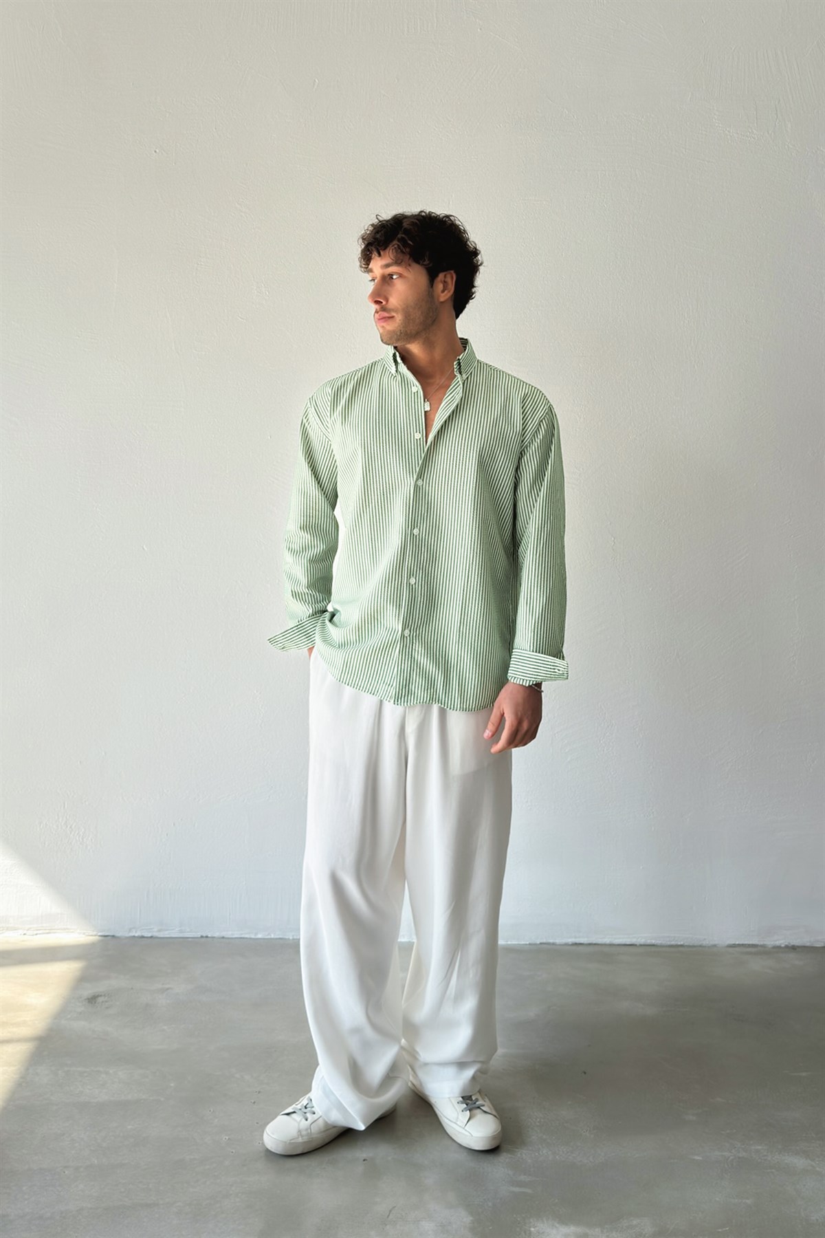 Solar Stripes Yeşil Gofre Çizgili Gömlek