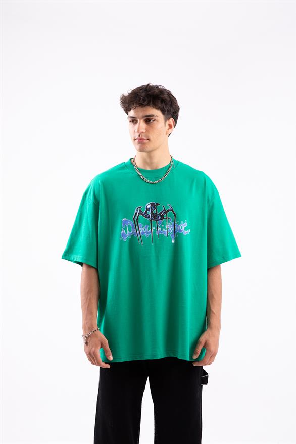 Spider Baskılı Yeşil Oversize Tişört