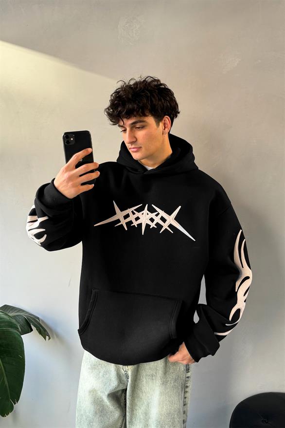 Stars Nakışlı Oversize Siyah Hoodie
