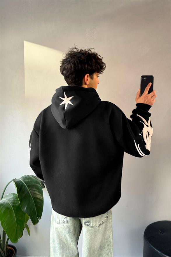 Stars Nakışlı Oversize Siyah Hoodie