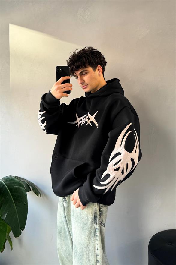 Stars Nakışlı Oversize Siyah Hoodie