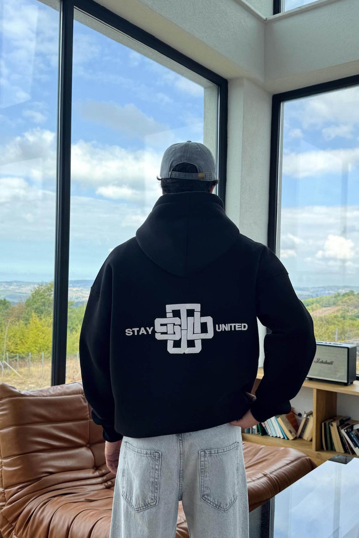 Stay United Baskılı Siyah Hoodie Siyah