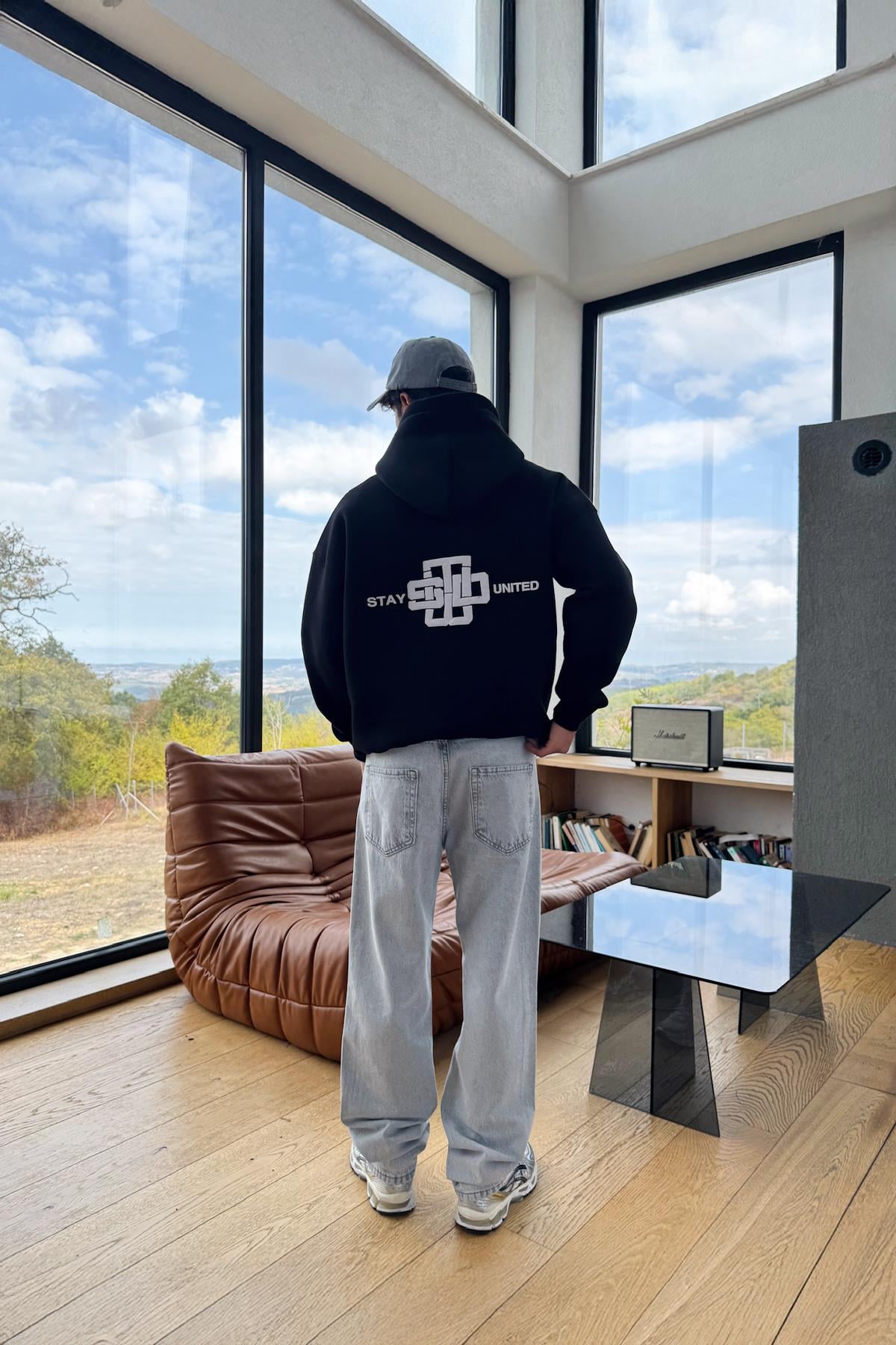 Stay United Baskılı Siyah Hoodie Siyah