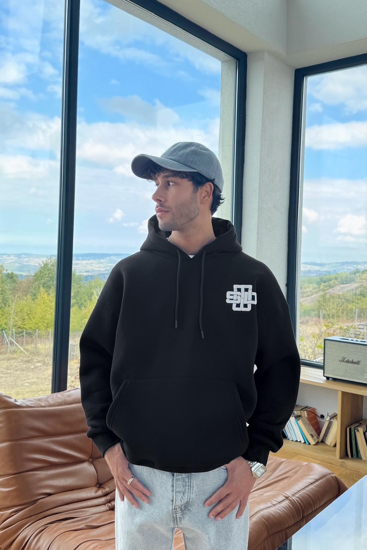Stay United Baskılı Siyah Hoodie Siyah
