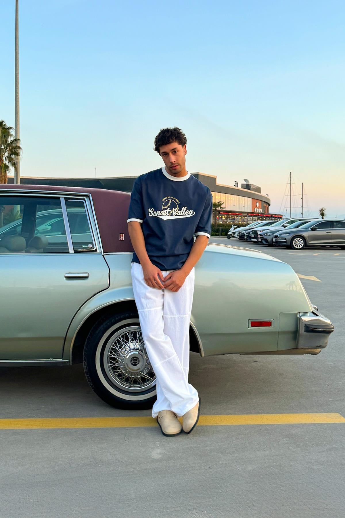 Sunset Valley Baskılı Oversize Tişört İndigo