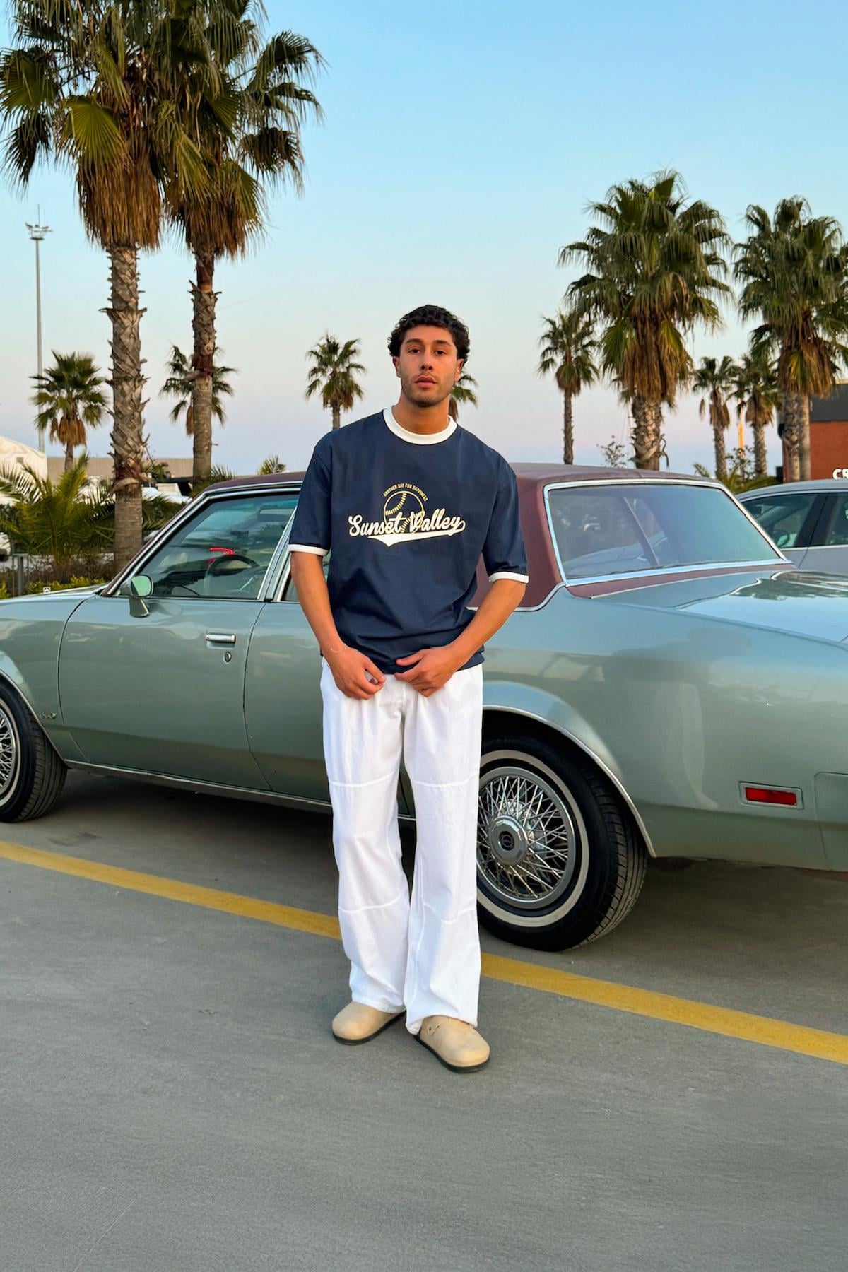 Sunset Valley Baskılı Oversize Tişört İndigo