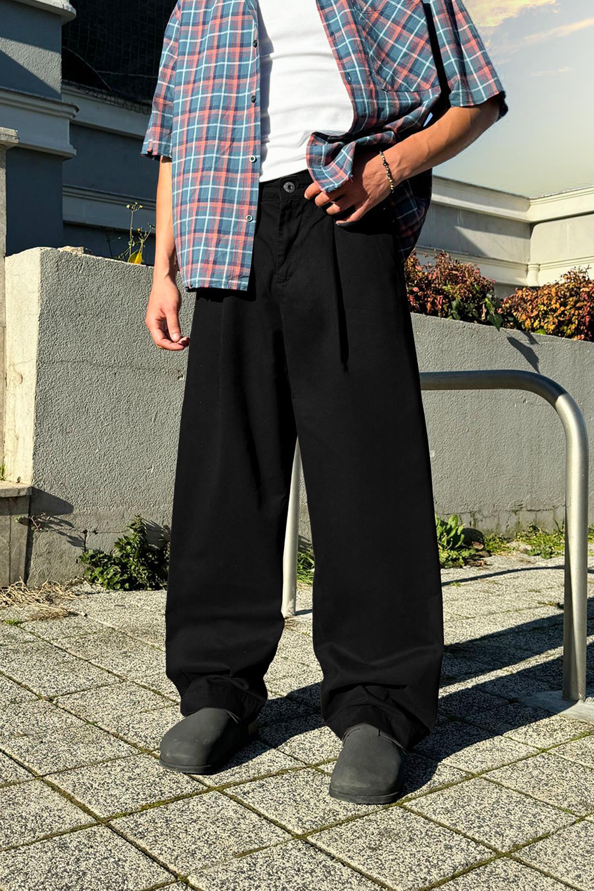 Tek Pile Geçişli Siyah Baggy Pantolon