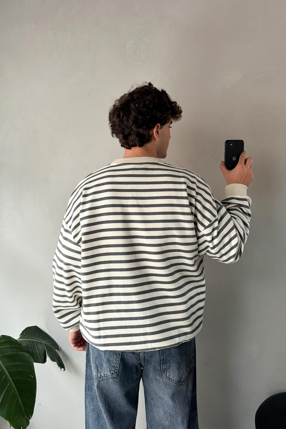 The Dad Nakışlı Çizgili Füme Oversize Sweatshirt