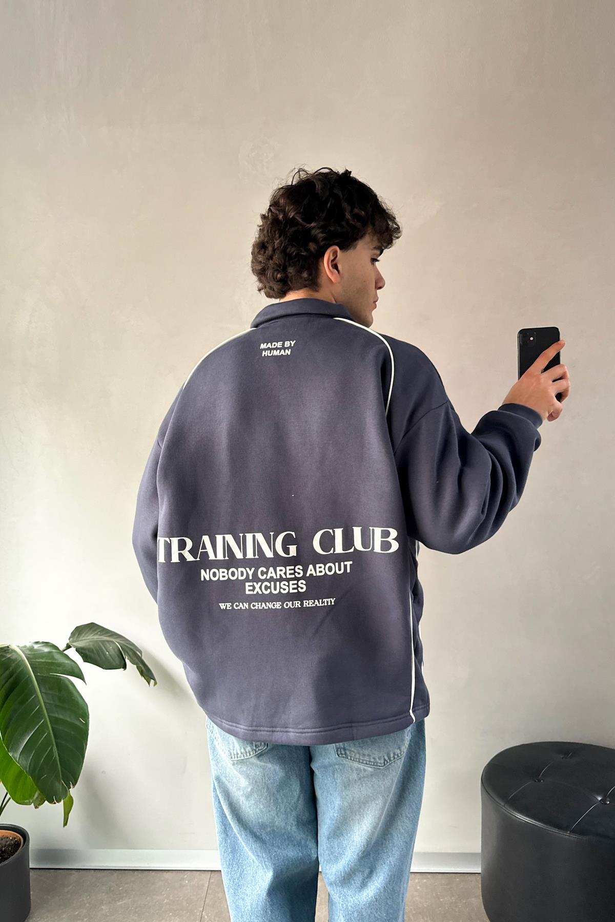 Tranıng Club Baskılı Füme Polo Yaka Sweatshirt