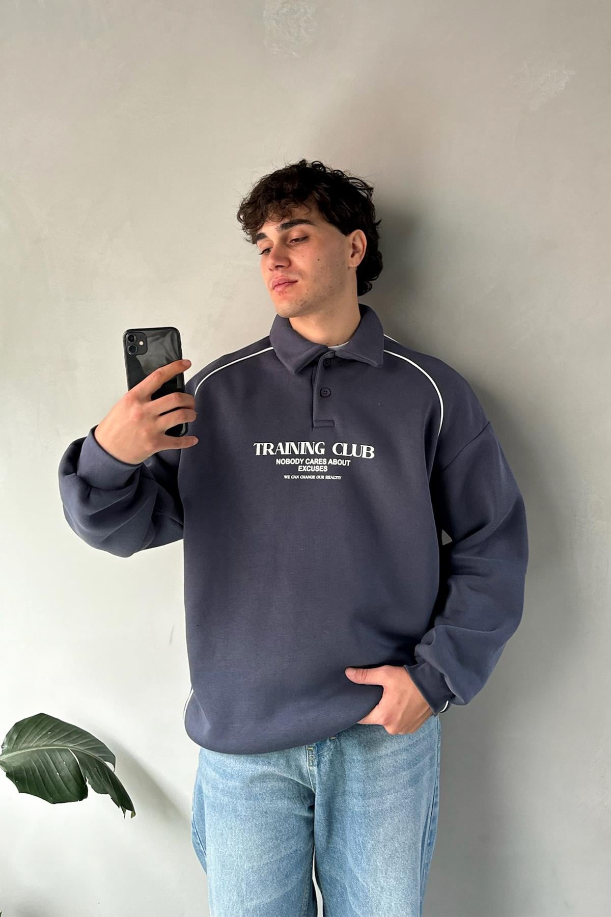 Tranıng Club Baskılı Füme Polo Yaka Sweatshirt