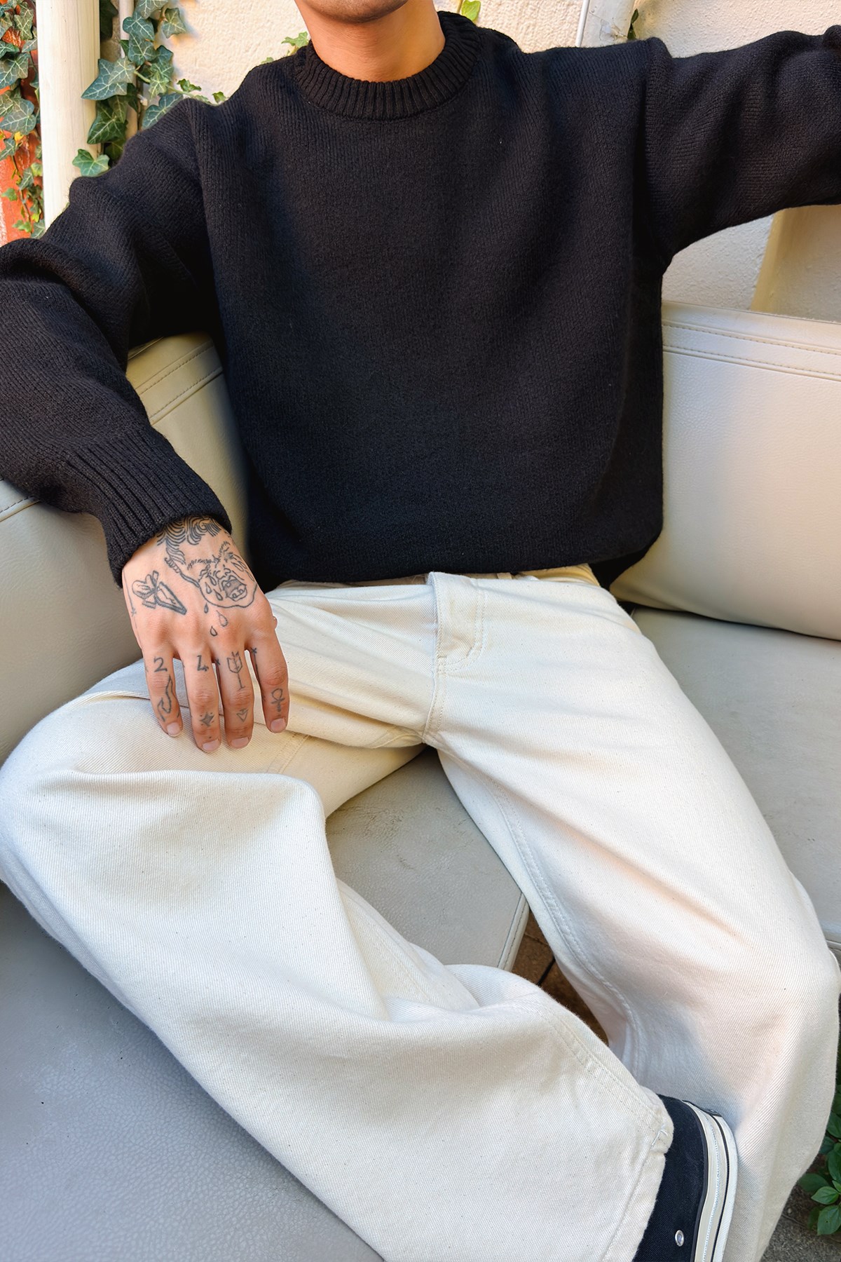 Black Boxy Fit Crewneck Sweater