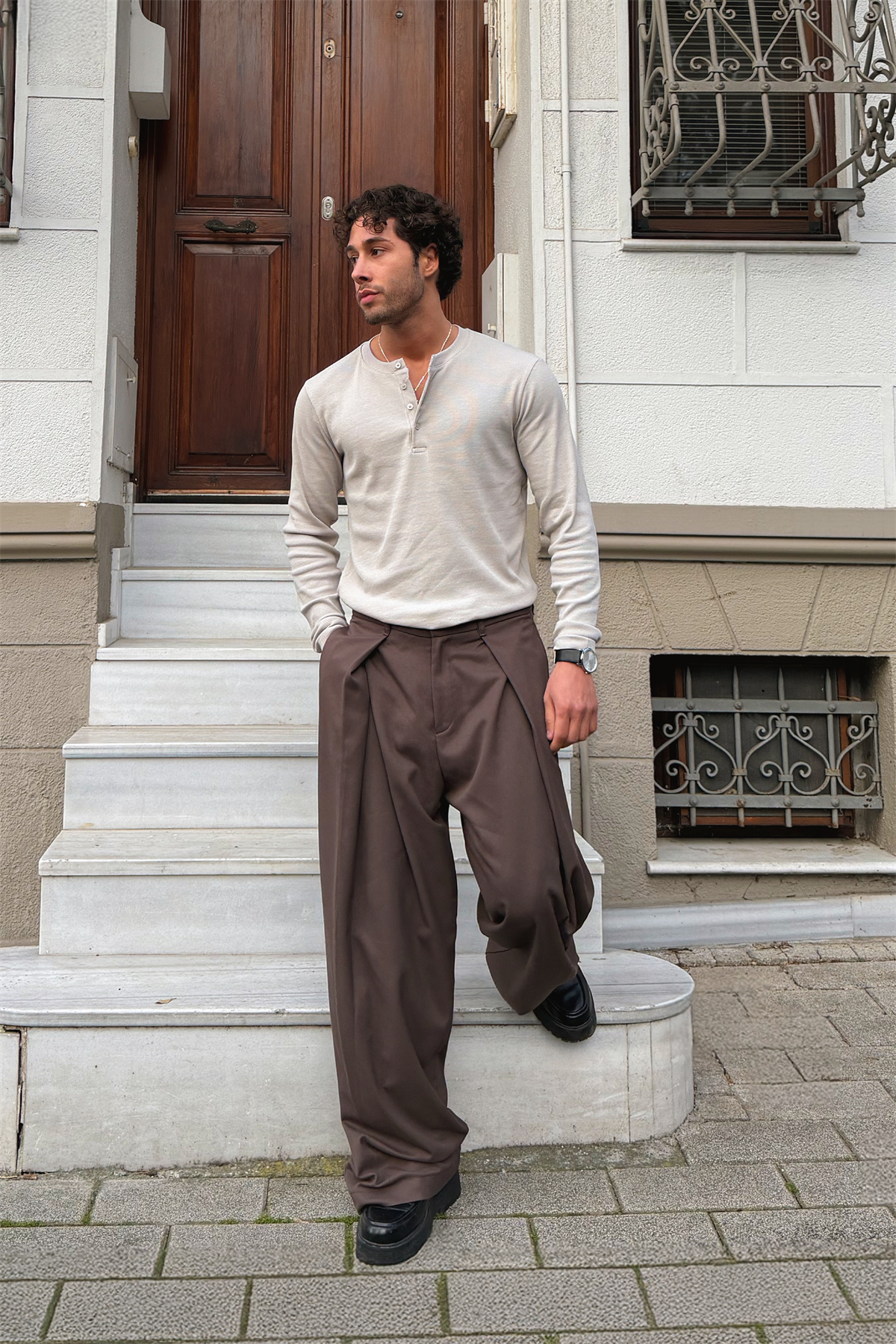 Uzun Kollu Düğmeli Tişört Gri