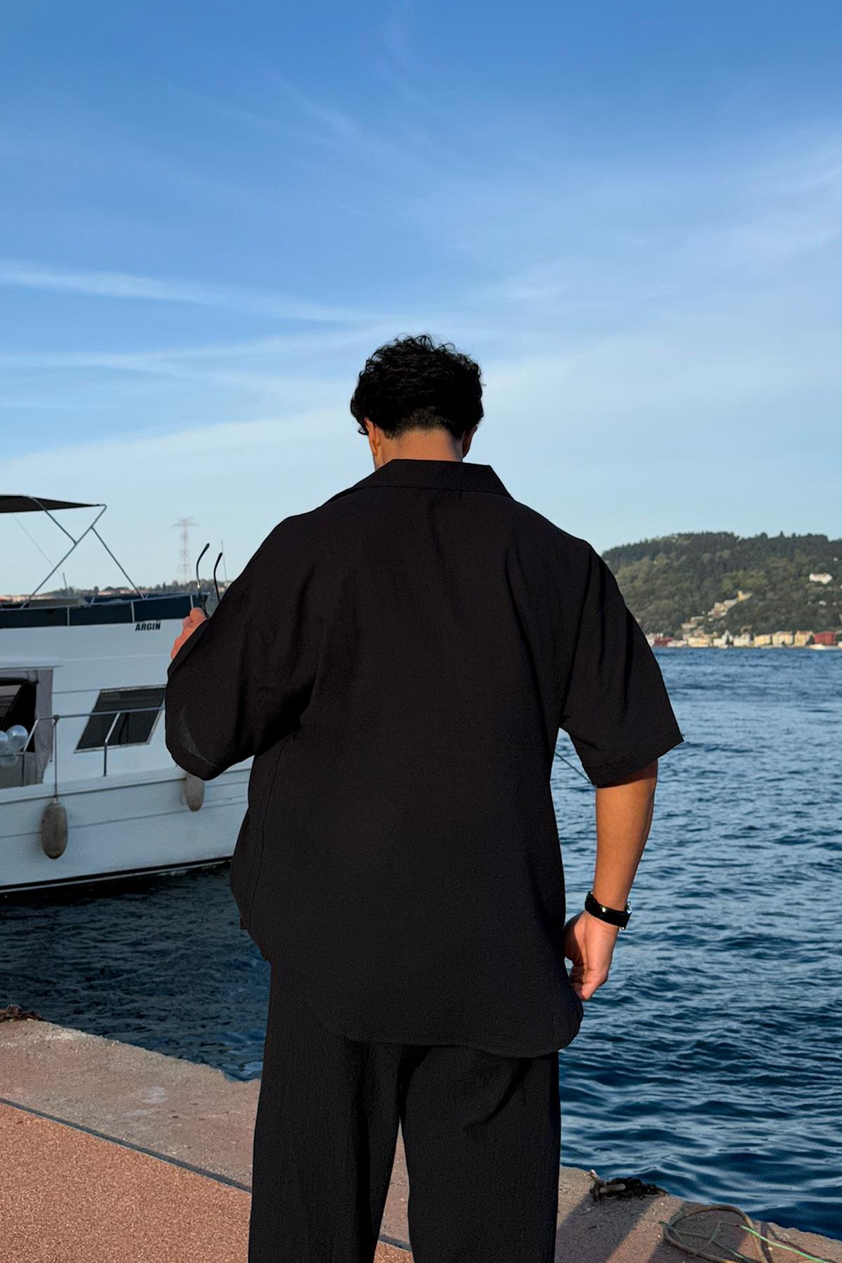 V Yaka Siyah Oversize Kısa Kol Keten Gömlek
