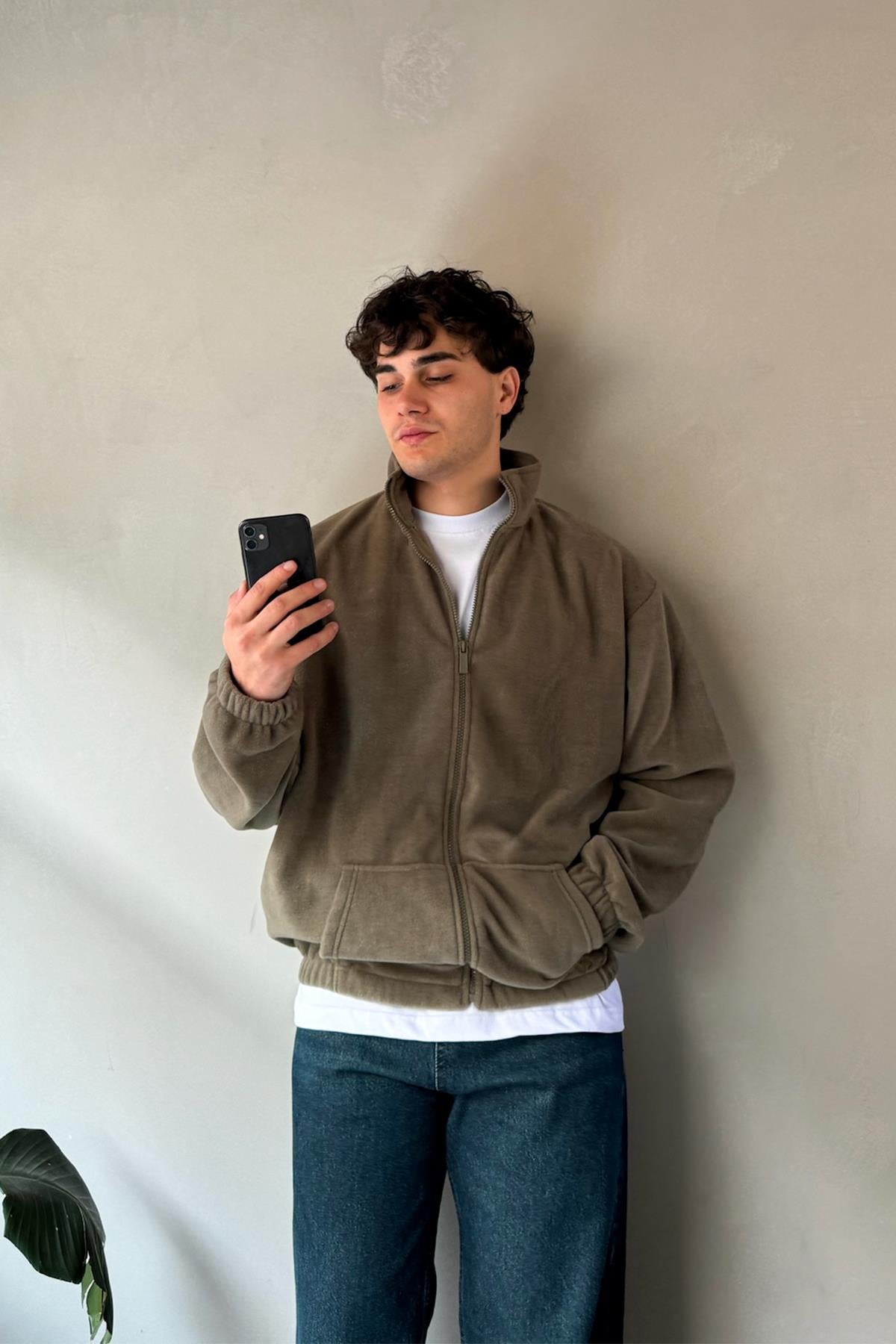 Vn Nakışlı Cep Detay Haki Polo Yaka Sweatshirt