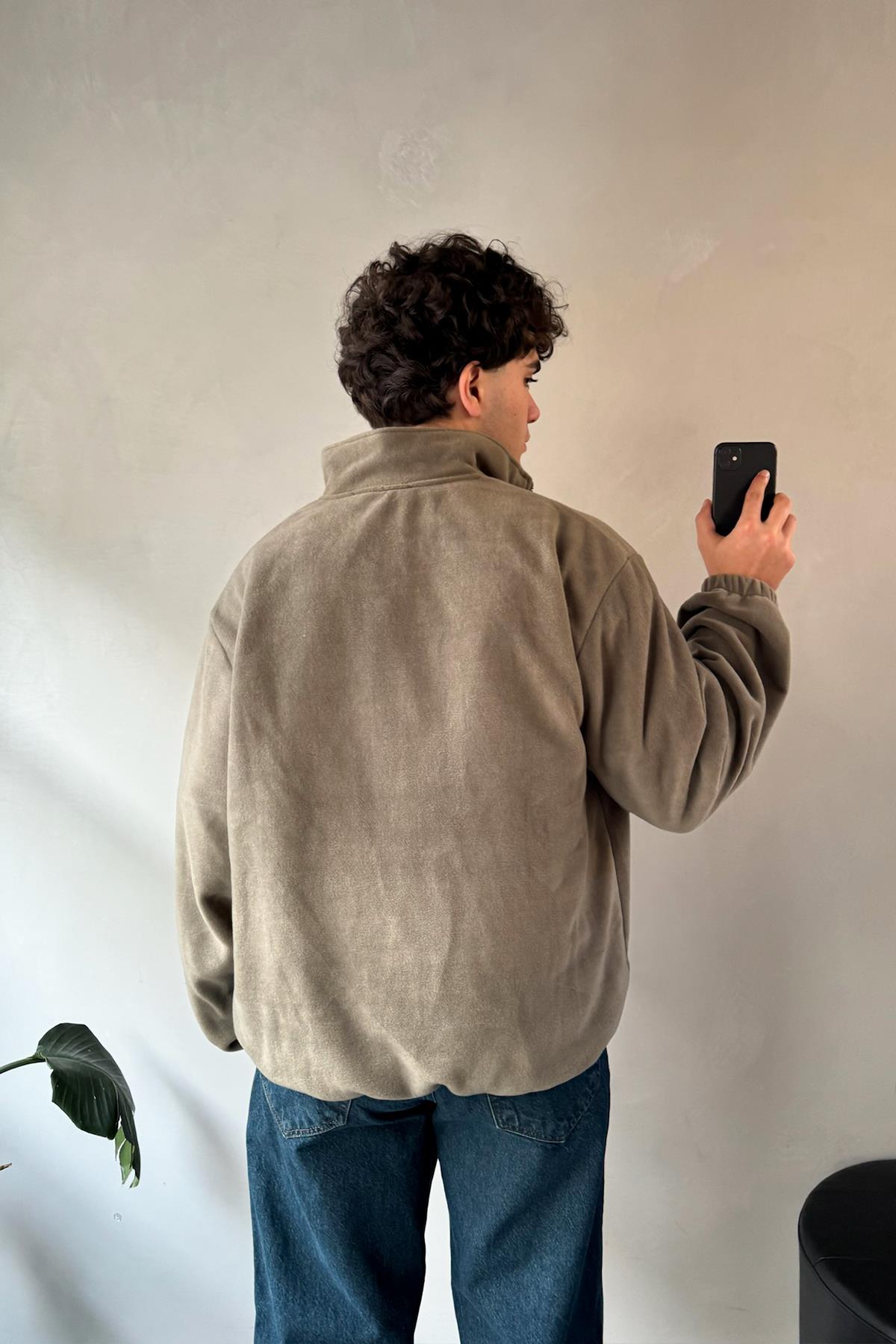Vn Nakışlı Cep Detay Haki Polo Yaka Sweatshirt
