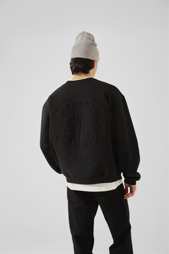 World Wıde Kabartma Baskılı Siyah Oversize Sweatshirt