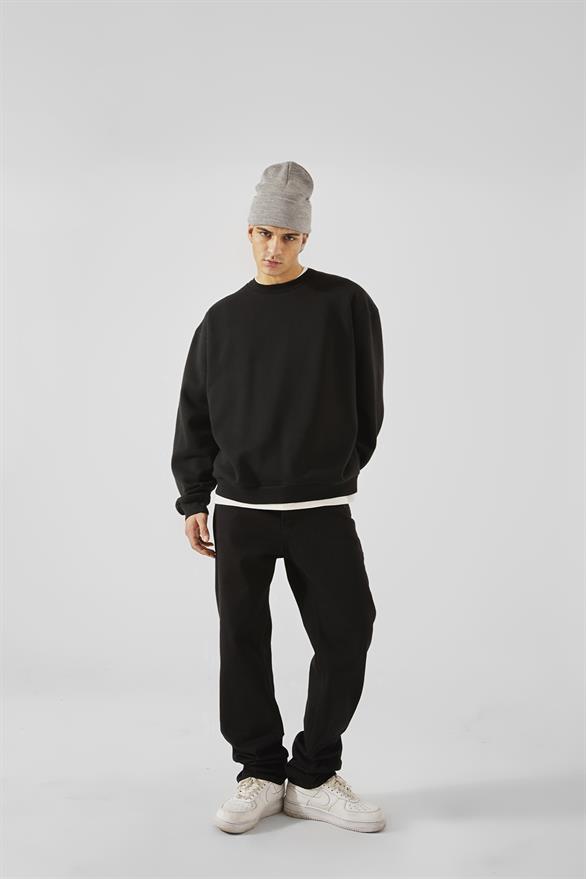 World Wıde Kabartma Baskılı Siyah Oversize Sweatshirt