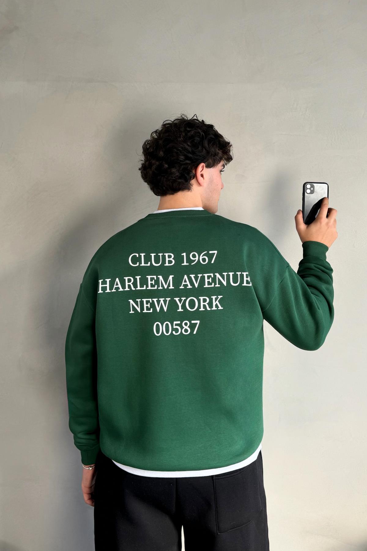 Harlem Baskılı Yeşil Bisiklet Yaka Sweatshirt