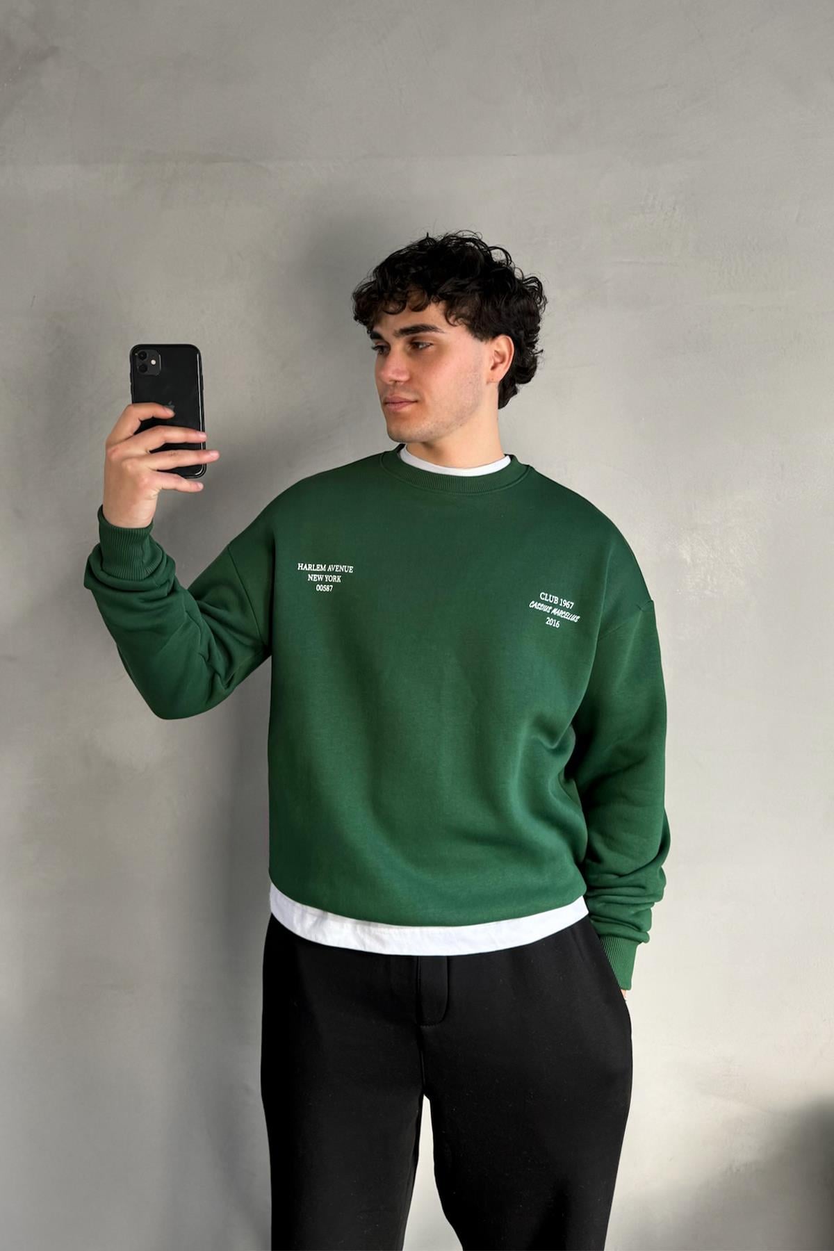 Harlem Baskılı Yeşil Bisiklet Yaka Sweatshirt