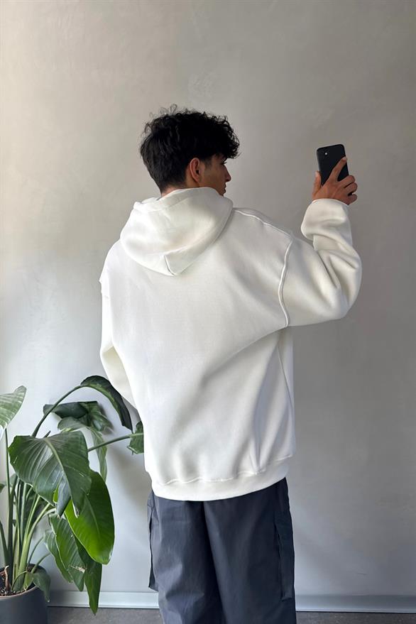 Writing Baskılı Ekru Oversize Hoodie