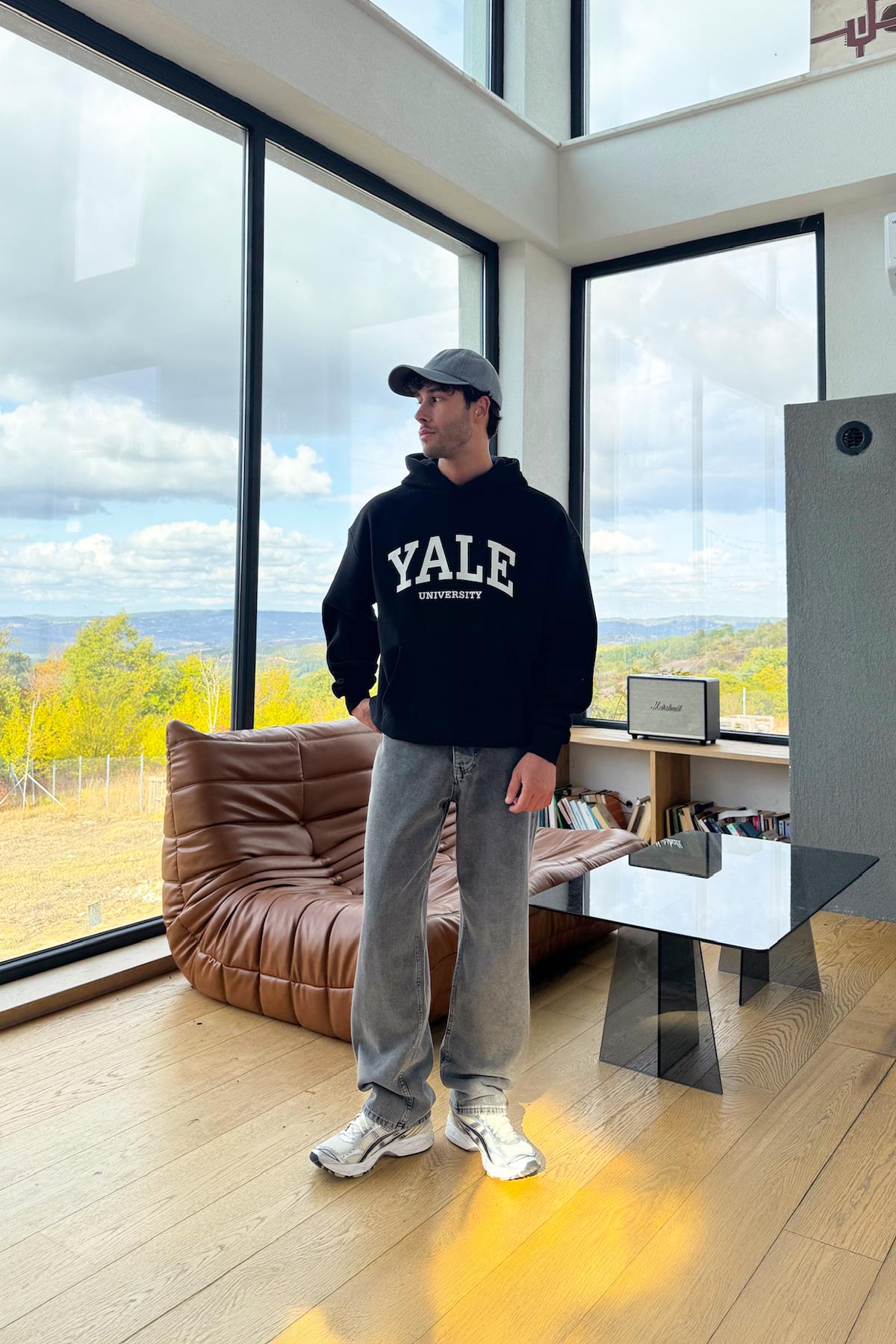 Yale Baskılı Hoodie Siyah