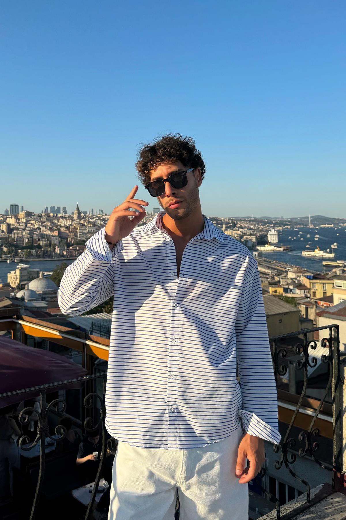 Yatay Çizgili Oversize Gömlek