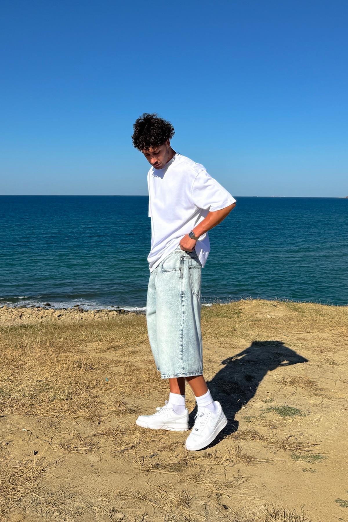 Yıkamalı Basic Kot Şort Buz Mavi