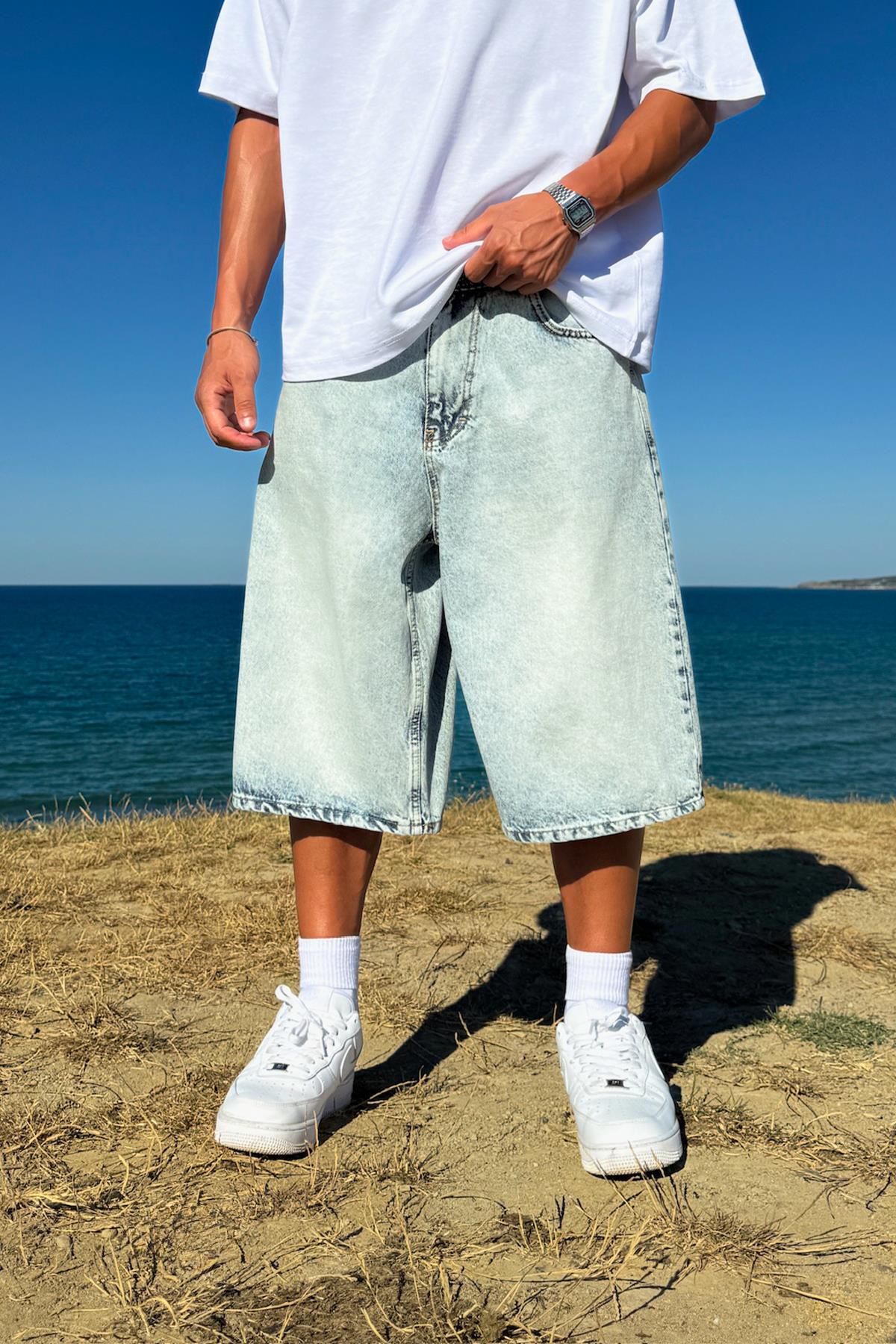 Yıkamalı Basic Kot Şort Buz Mavi