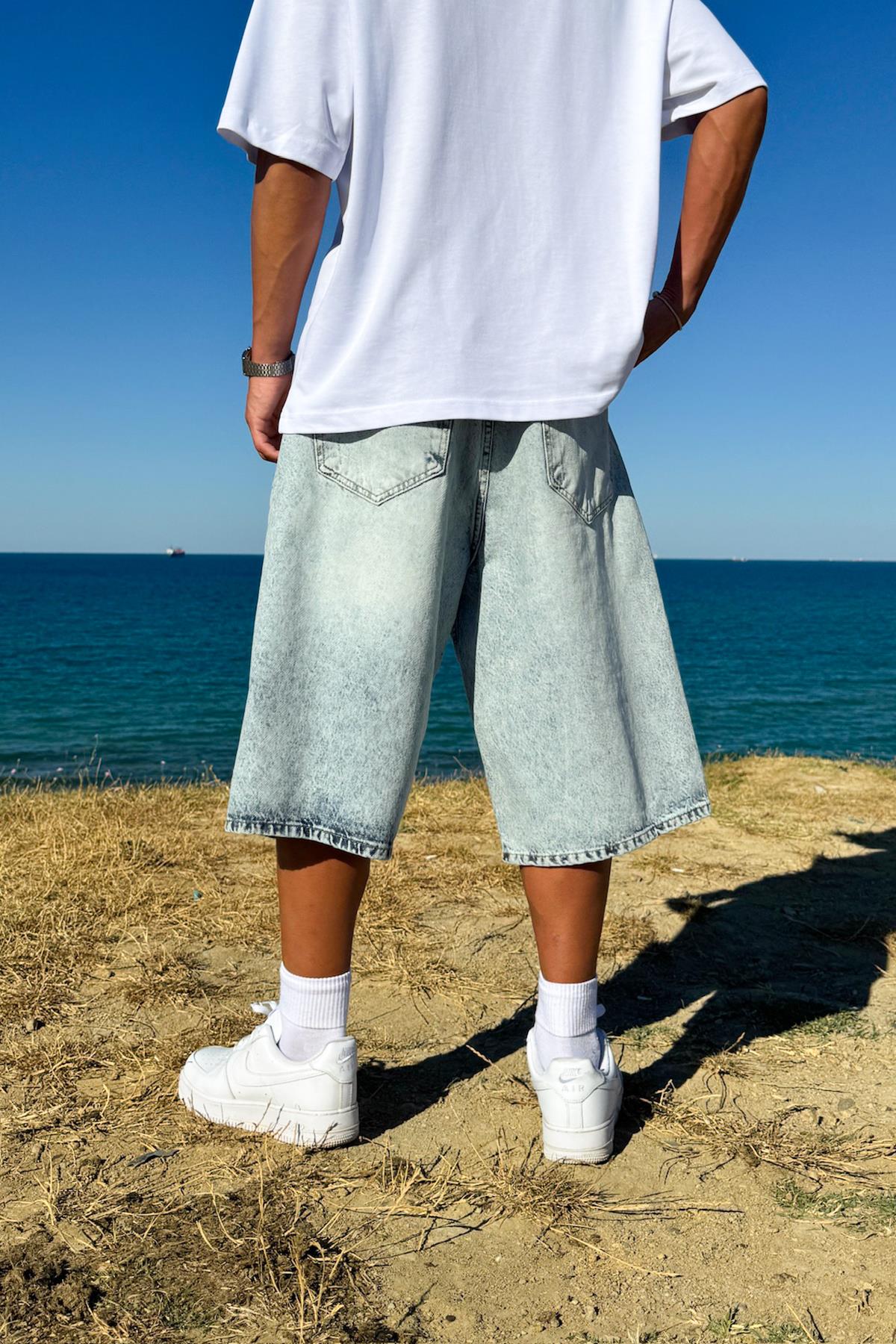 Yıkamalı Basic Kot Şort Buz Mavi