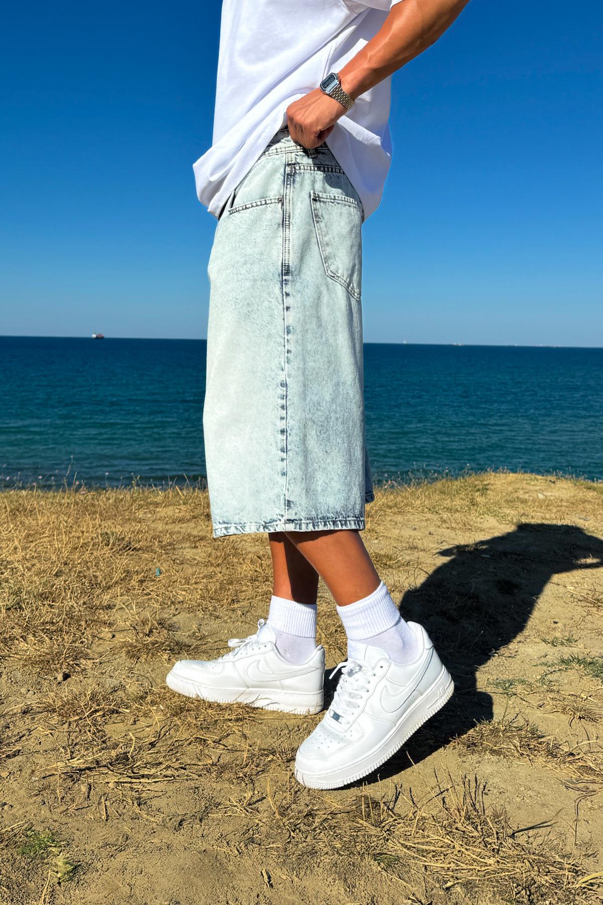 Yıkamalı Basic Kot Şort Buz Mavi