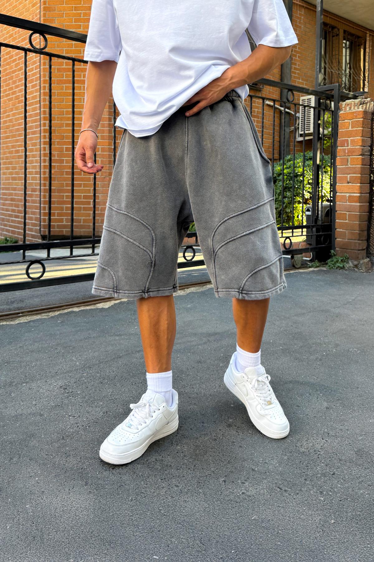 Yıkamalı Bel Lastikli Şort Siyah