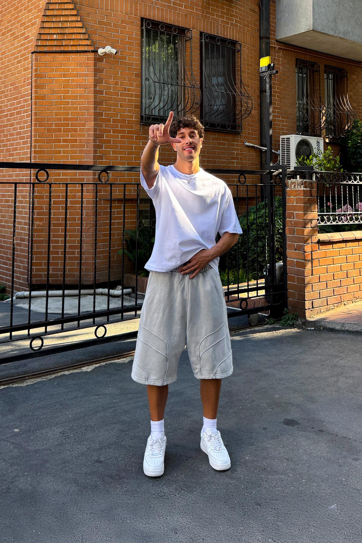 Yıkamalı Bel Lastikli Şort Gri