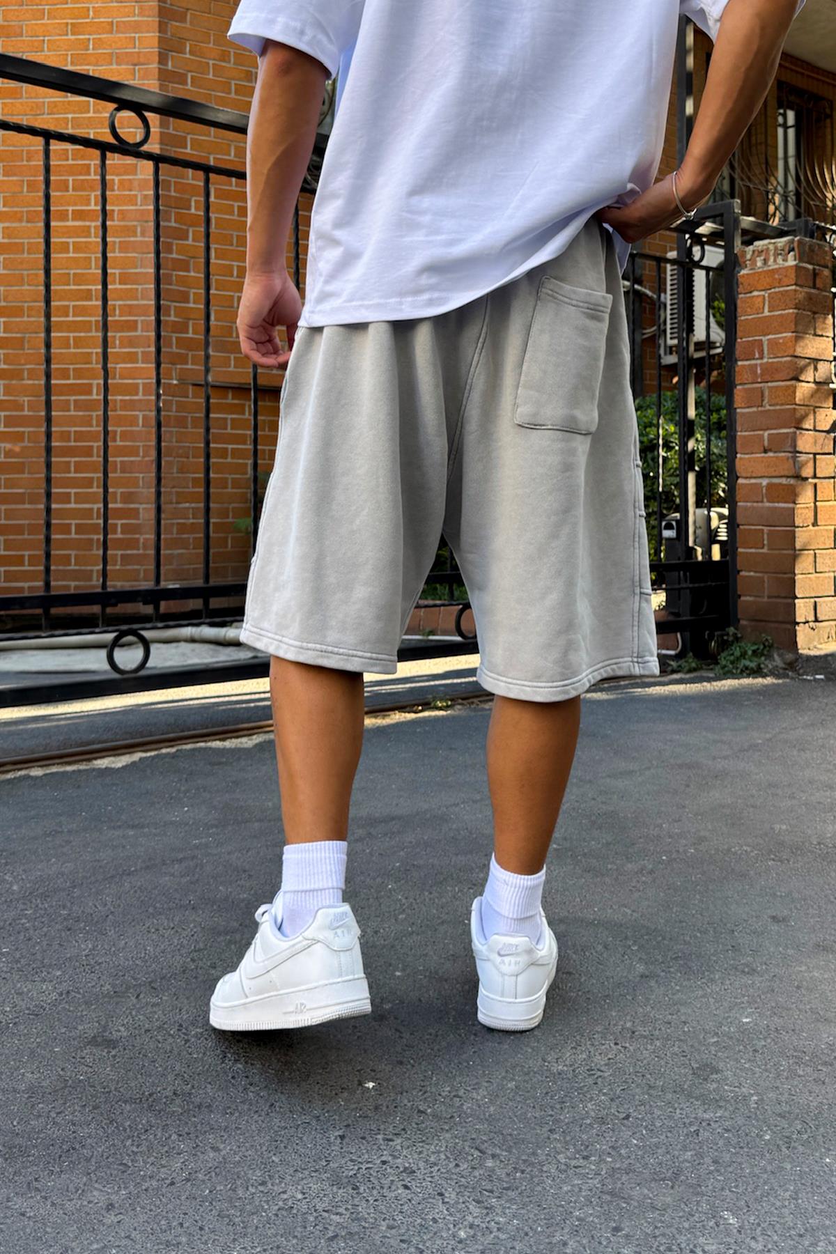 Yıkamalı Bel Lastikli Şort Gri