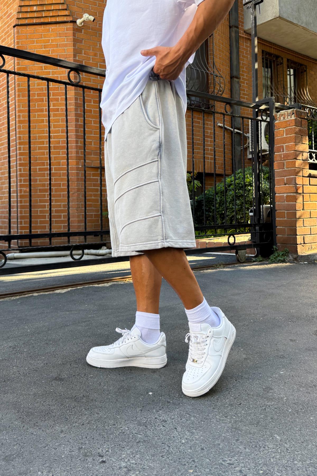 Yıkamalı Bel Lastikli Şort Gri