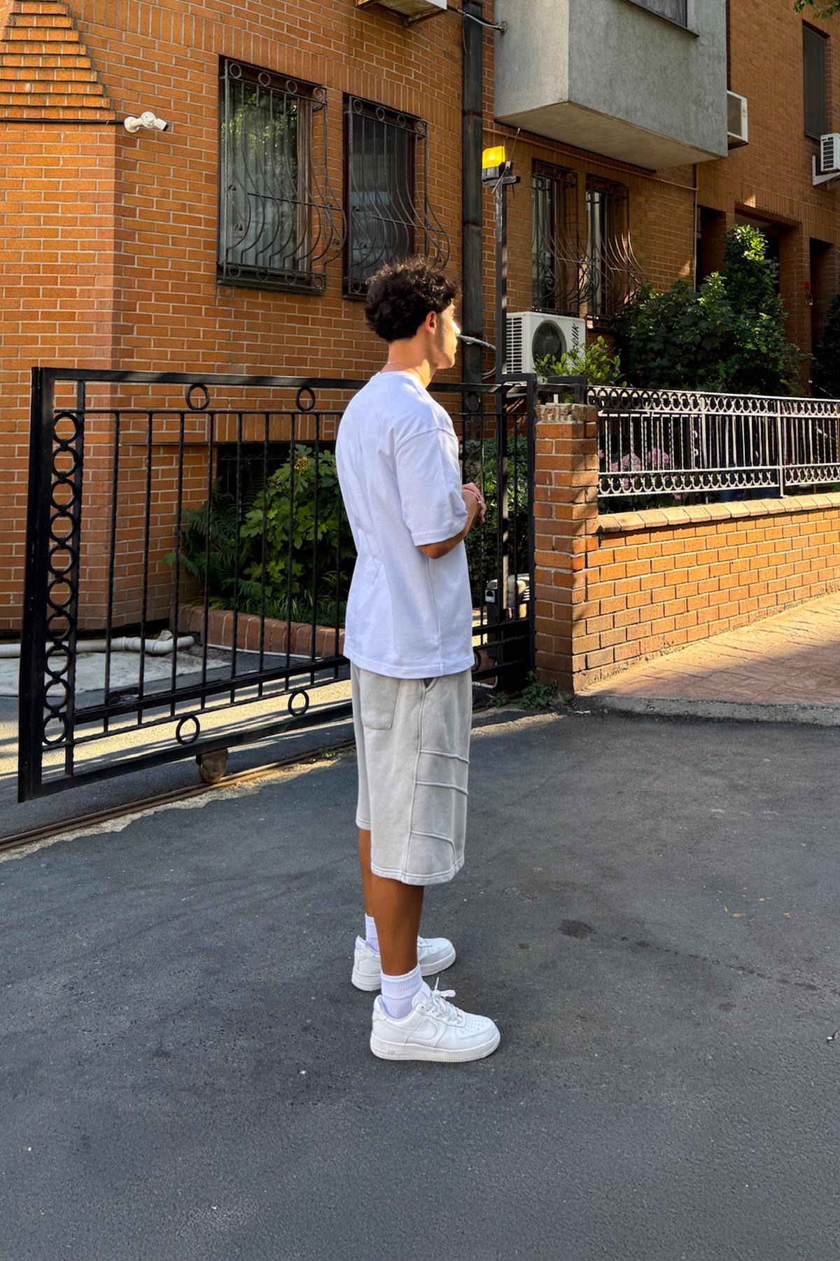 Yıkamalı Bel Lastikli Şort Gri