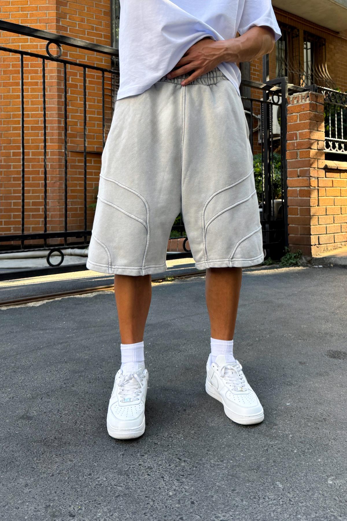 Yıkamalı Bel Lastikli Şort Gri